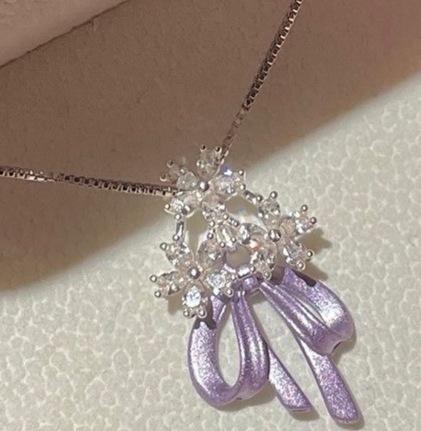 Crystal Snowflake & Lavender Ribbon Bow Necklace
