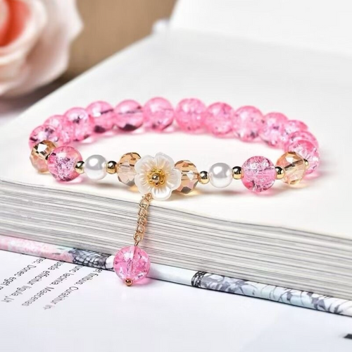 Crystal Crackle Bead & Pearl Flower Charm Bracelet