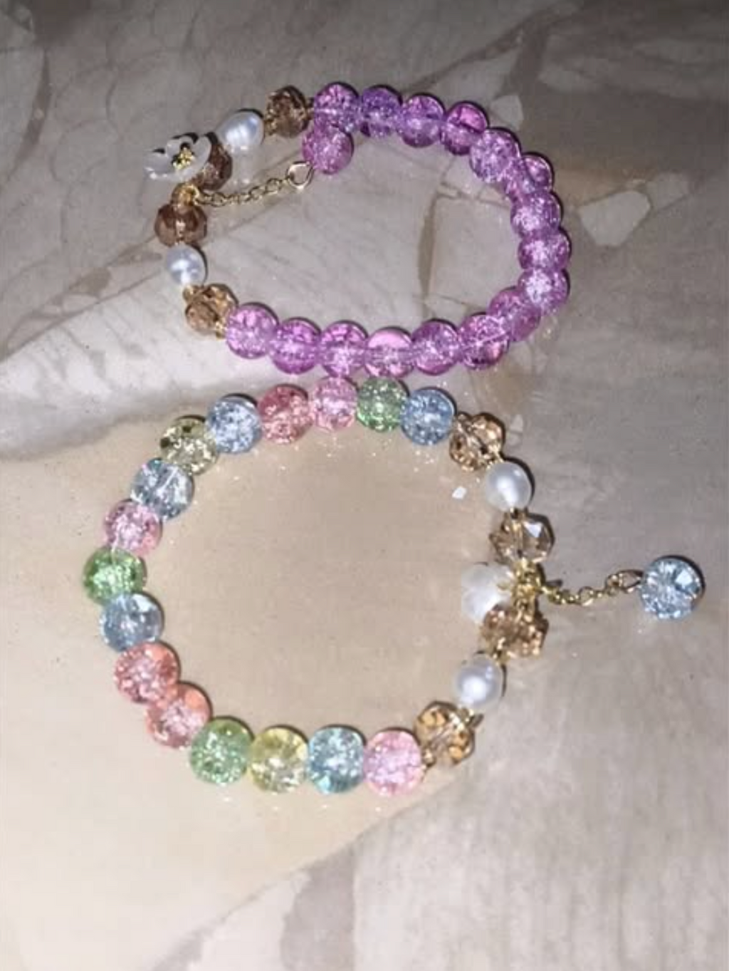 Crystal Crackle Bead & Pearl Flower Charm Bracelet