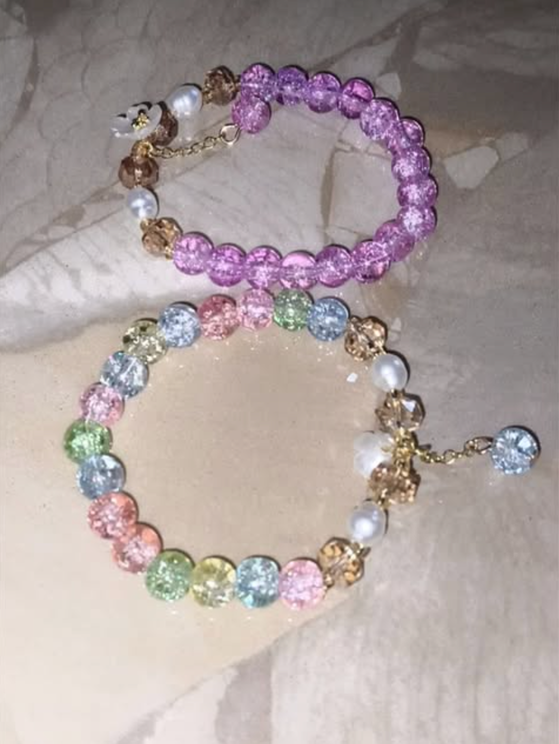 Crystal Crackle Bead & Pearl Flower Charm Bracelet
