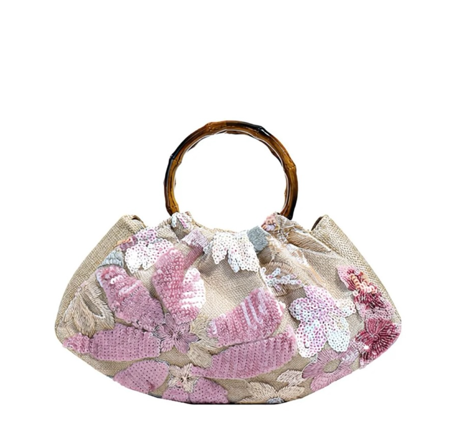 Floral Sequin Embroidered Bamboo Handle Bag