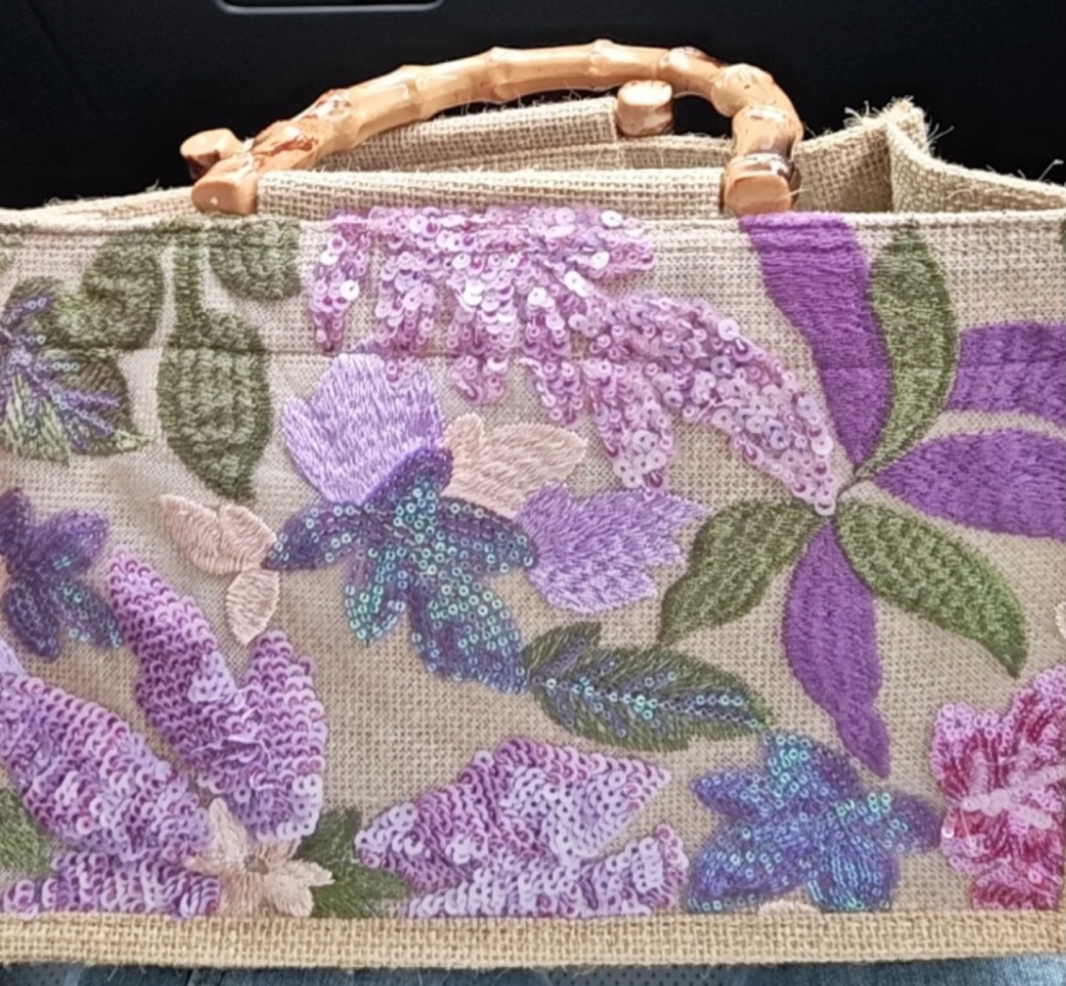 Wisteria Garden Sequin Embroidered Bamboo Handle Tote