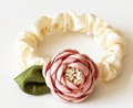 Ivory Satin Scrunchie with Blush Peony & Leaf