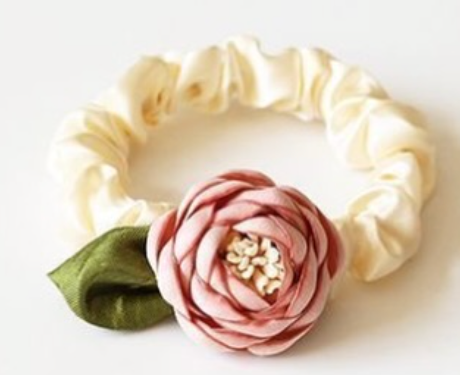 Ivory Satin Scrunchie with Blush Peony & Leaf