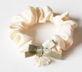 Ivory Satin Scrunchie with Sage Bow & Floral Charm